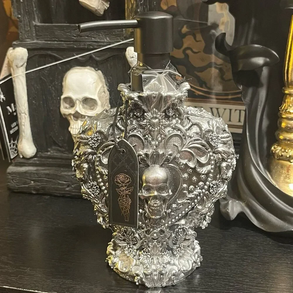 Halloween Bath Collection Silver Shimmer Skull Potion Soap Dispenser Bottle